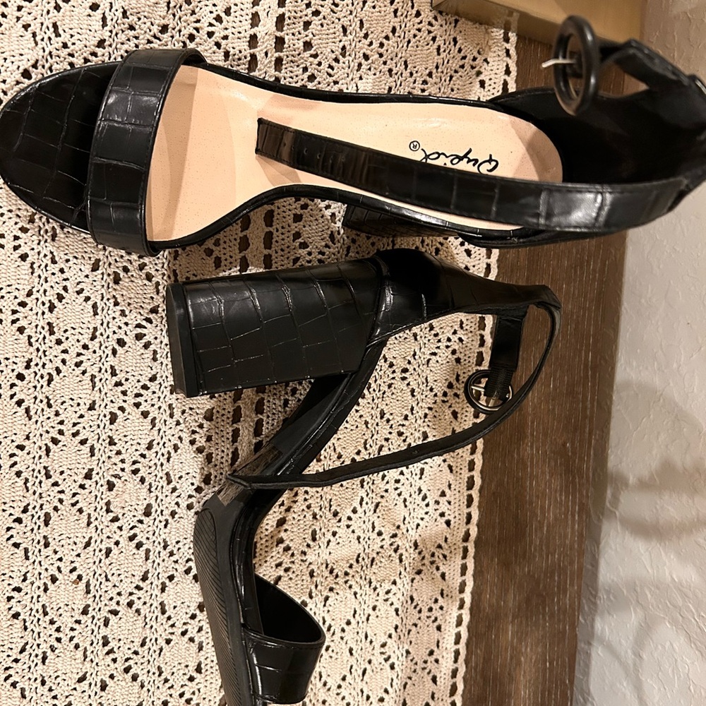 Black Croco-Embossed Heeled Sandals